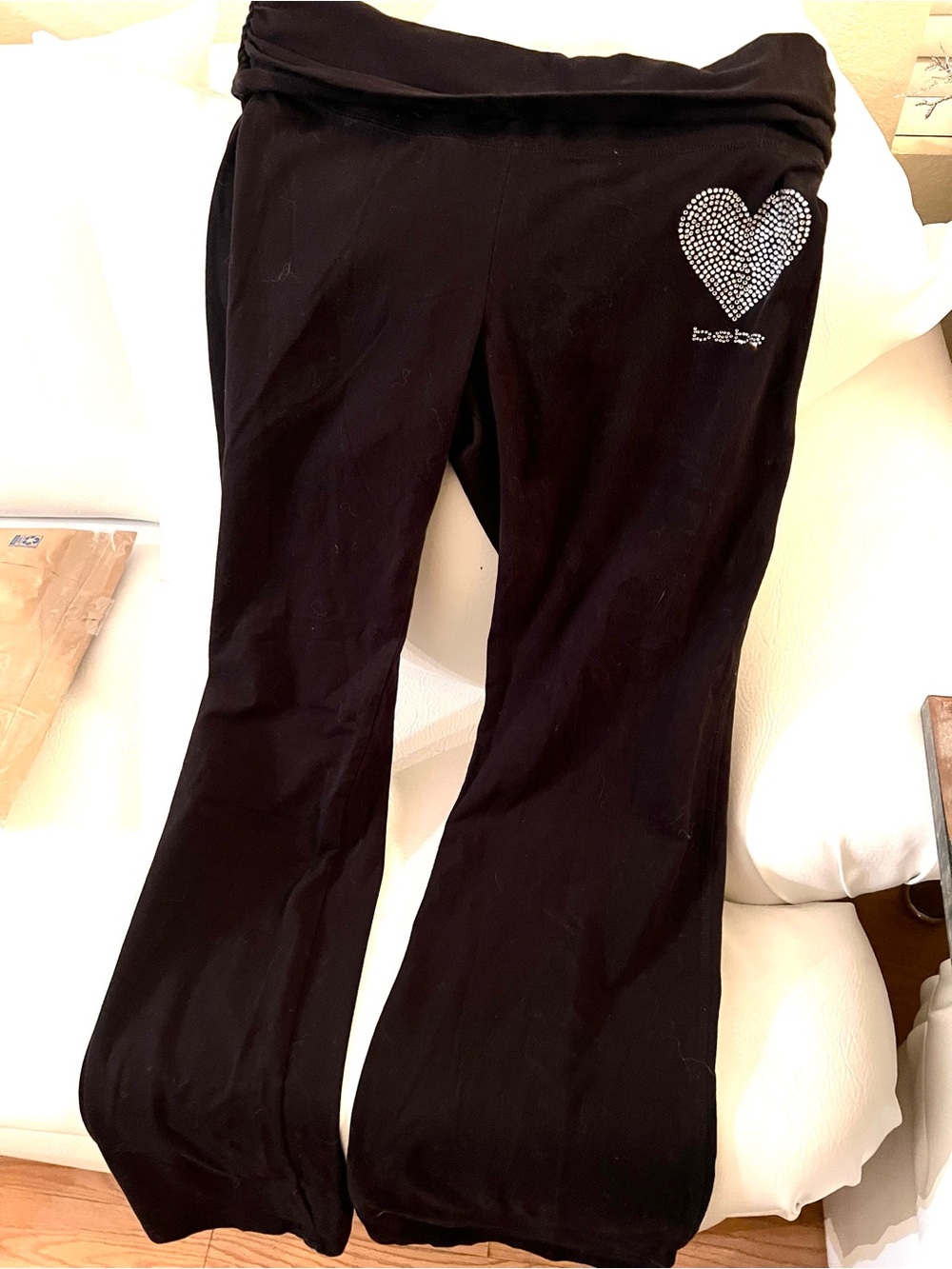 Black 2b Bebe  Yoga Pants with Rhinestone Heart! Flare Foldover Pants!